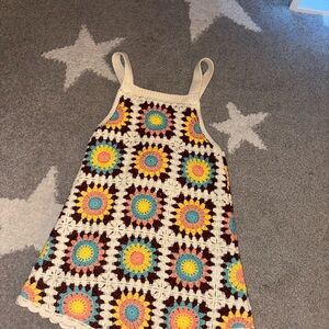 Handmade Crochet Square Sunburst Dress — Cream, Yellow, Pink, Blue, Brown